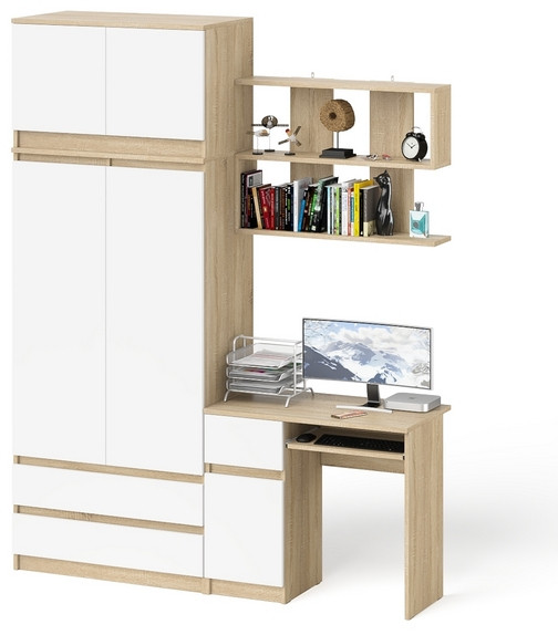 Мори компьютерный стол МС-1 левый + Шкаф МШ900.1 + Антресоль МА900.1 + Полка 900, дуб сонома/белый
