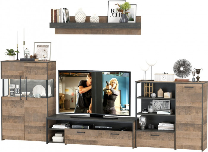 Трувор Гостиная 053, цвет дуб гранж песочный/интра, ШхГхВ 344,6х45,4х195 см., универсальная сборка