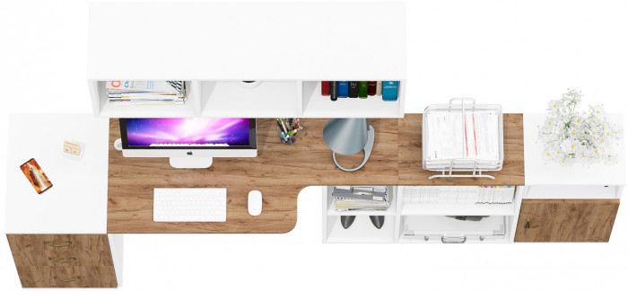 Лидер-8 Стол + Полка + Тумба МД 3.16 + Тумба МД 3.19, цвет белый шагрень/крафт золото, ШхГхВ 245х50/30х75/190 или 155х120/50х75/190 с, НЕ универс. сб.