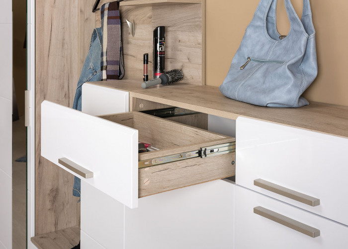 Лайн 13.121 Комод, цвет дуб крафт серый/фасады МДФ белый глянец, ШхГхВ 90х35х129,2 см., универсальная сборка