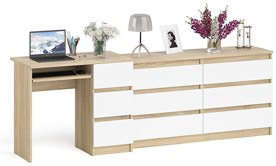 Мори Стол компьютерный МС-6 правый + Комод МК1380.6, цвет дуб сонома/белый, ШхГхВ 228х50х76,6 см., выдвижные ящики справа, НЕ универсальная сборка
