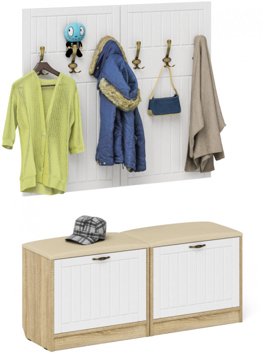 Прихожая П-6 Компоновка № 01, цвет дуб сонома/фасады МДФ белое дерево фрезеровка прованс, ШхГхВ 120х35х200 см.