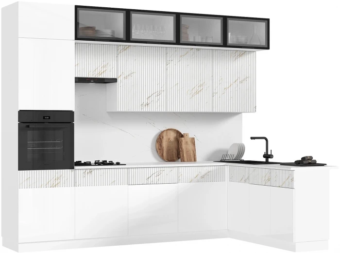 Кухня Оливия NEW 3,0х1,8м Белый глянец холодный/мрамор золото