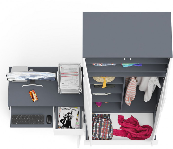 Мори Стол компьютерный МС-1 правый + Шкаф МШ900.1 + Антресоль МА900.1, цвет графит/белый, ШхГхВ 180,4х50,4х234,2 см., выдвиж. ящик справа, НЕ ун. сб.