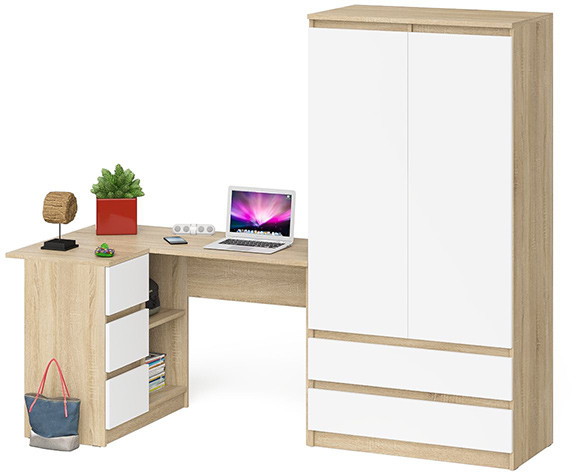 Мори Стол компьютерный МС-16 левый + Шкаф МШ900.1, цвет дуб сонома/белый, ШхГхВ 214,8х84,9х179,6 см., выдвижные ящики слева, НЕ универсальная сборка