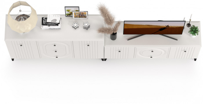 Валенсия Спальня 13.309 Комод + 16.45 Тумба под ТВ, цвет ЛДСП белый шагрень/МДФ белый шагрень, ШхГхВ 266,3х38,4х87,5 см.