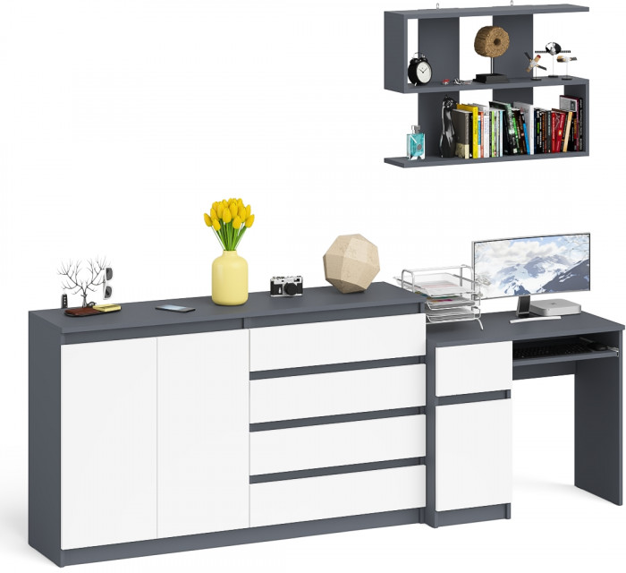 Мори компьютерный стол МС-1 левый + Комод МК1600.1 + Полка 900, графит/белый