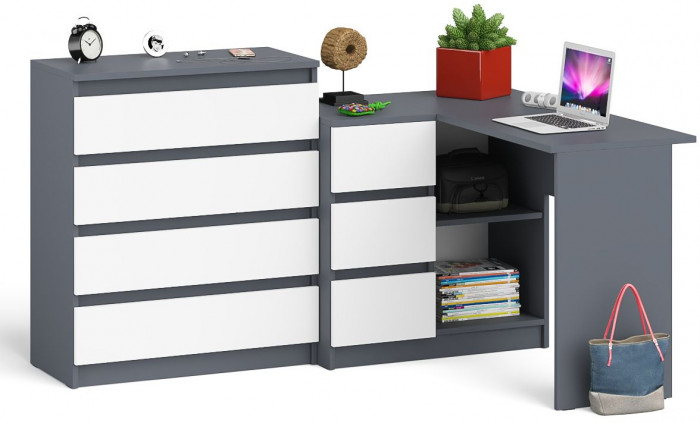 Мори компьютерный стол МС-16 левый + Комод МК800.4, графит/белый