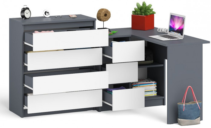 Мори компьютерный стол МС-16 левый + Комод МК800.4, графит/белый