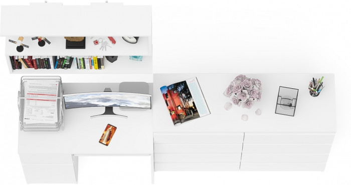 Мори Стол компьютерный МС-1 левый + Комод МК1200.8 + Полка 900, цвет белый, ШхГхВ 210,4х50х209,6 см., НЕ универсальная сборка