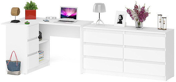 Мори Стол компьютерный МС-16 левый + Комод МК1380.6, цвет белый, ШхГхВ 262,4х84,9х76,6 см., выдвижные ящики слева, НЕ универсальная сборка