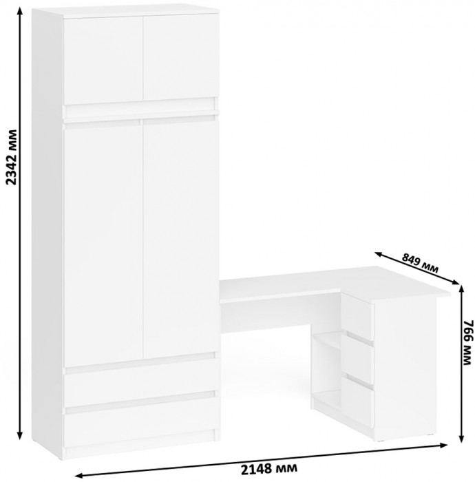 Мори Стол компьютерный МС-16 правый + Шкаф МШ900.1 + Антресоль МА900.1, цвет белый, ШхГхВ 214,8х84,9х234,2 см., выдвижные ящики справа, НЕ универ. сб.