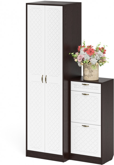 Прихожая П-6 Компоновка № 16, венге/фасады МДФ белое дерево фрезеровка ромб