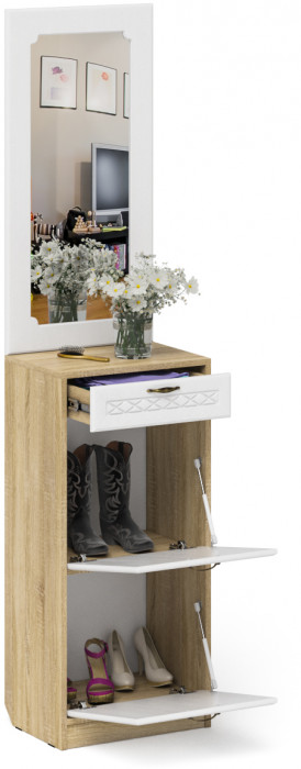 Прихожая П-6 Тумба для обуви 2 секции + Зеркало, цвет дуб сонома/фасады МДФ белое дерево фрезеровка ромб, ШхГхВ 50х35х210 см.