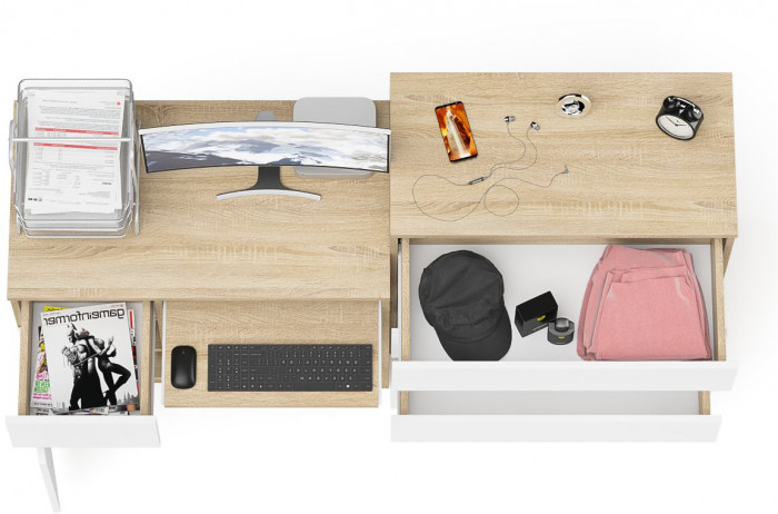 Мори компьютерный стол МС-1 левый + Комод МК800.4, дуб сонома/белый