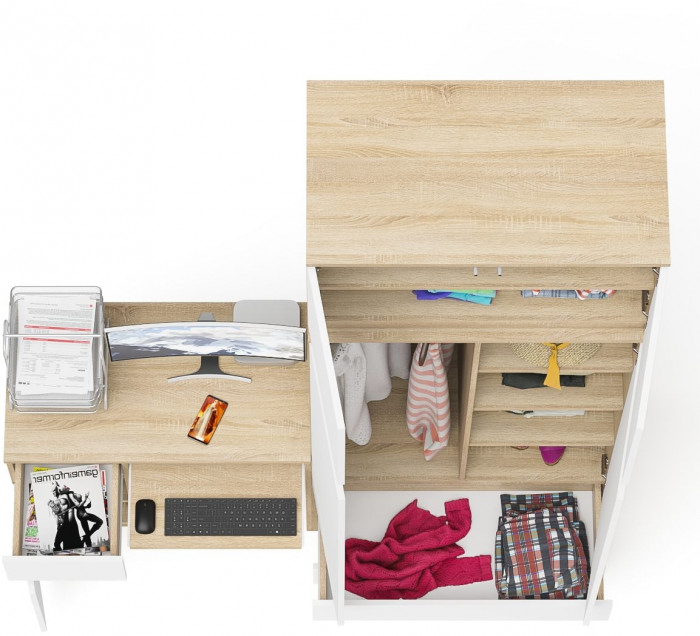 Мори компьютерный стол МС-1 левый + Шкаф МШ900.1 + Антресоль МА900.1, дуб сонома/белый