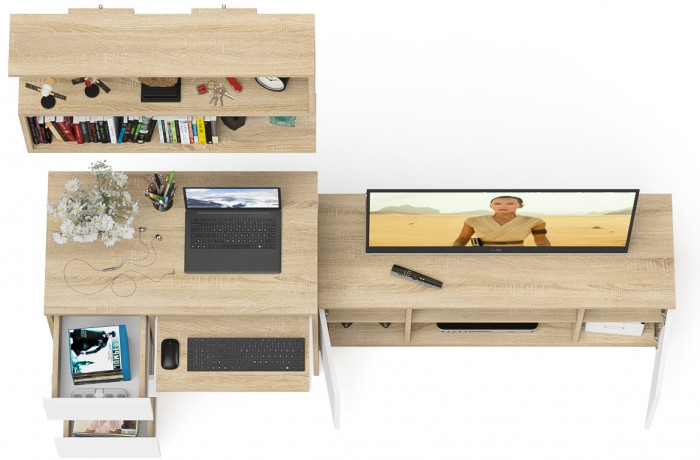 Мори компьютерный стол МС-6 левый + Тумба МТВ1200.1 + Полка 900, дуб сонома/белый