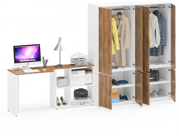 Лидер-8 Стол + Шкаф МД 19Б + Шкаф МД 19Б, цвет белый шагрень/крафт золото, ШхГхВ 325х50х75/190 или 240х115/50х75/190 см., НЕ ун. сборка