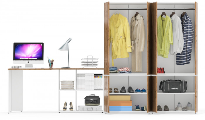 Лидер-8 Стол + Шкаф МД 19Б + Шкаф МД 19Б, цвет белый шагрень/крафт золото, ШхГхВ 325х50х75/190 или 240х115/50х75/190 см., НЕ ун. сборка