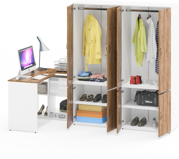 Лидер-8 Стол + Шкаф МД 19Б + Шкаф МД 19Б, цвет белый шагрень/крафт золото, ШхГхВ 325х50х75/190 или 240х115/50х75/190 см., НЕ ун. сборка