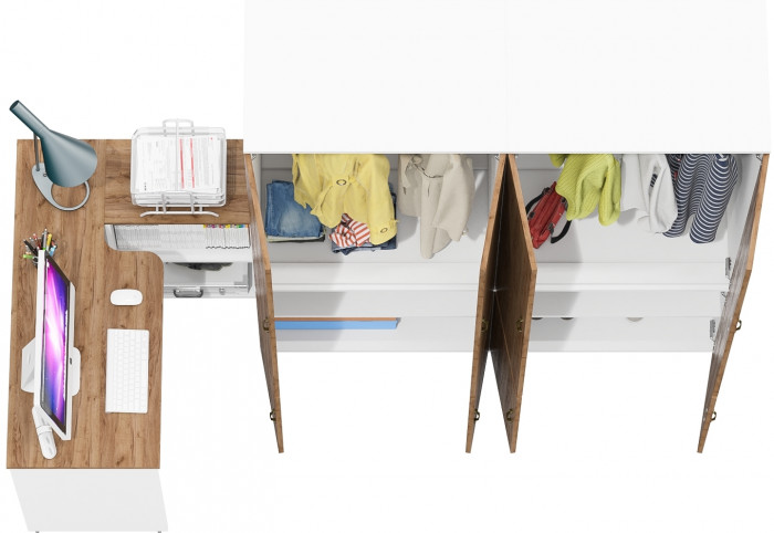 Лидер-8 Стол + Шкаф МД 19Б + Шкаф МД 19Б, цвет белый шагрень/крафт золото, ШхГхВ 325х50х75/190 или 240х115/50х75/190 см., НЕ ун. сборка