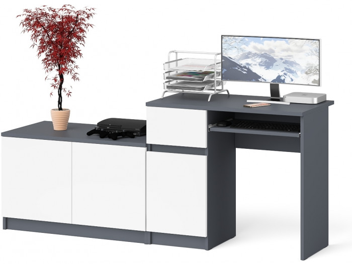 Мори Стол компьютерный МС-1 левый + Тумба МА900.1, цвет графит/белый, ШхГхВ 180,4х50,4х76,6 см., выдвижной ящик слева, НЕ универсальная сборка