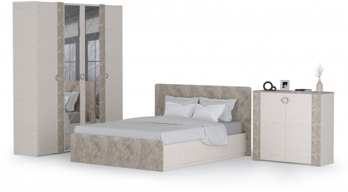 Амели Спальня № 10 Шкафы 08.49 + 13.133 + 08.49 + Кровать 11.31 + под. ортопед + Комод 13.107, цвет шёлк. камень/бетон чикаго беж, 1600х2000 мм, б/м