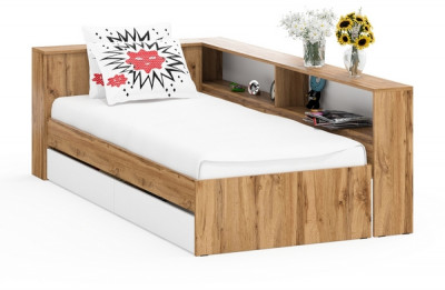 Ксения Кровать с ящиками 0900 + прикроватный блок, дуб вотан/белый
