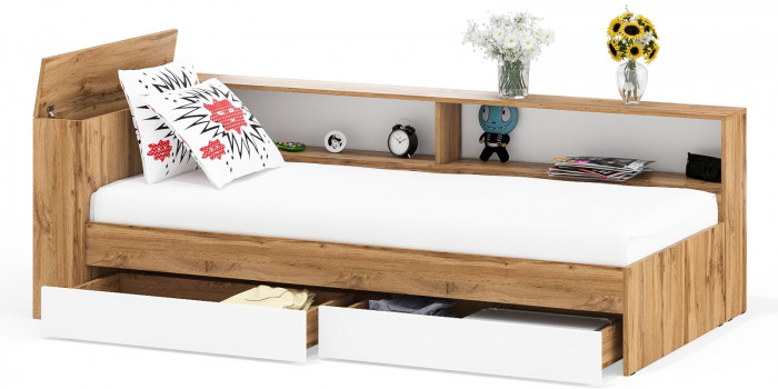 Ксения Кровать с ящиками 0900 + прикроватный блок, дуб вотан/белый