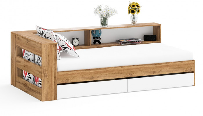 Ксения Кровать с ящиками 0900 + прикроватный блок, дуб вотан/белый