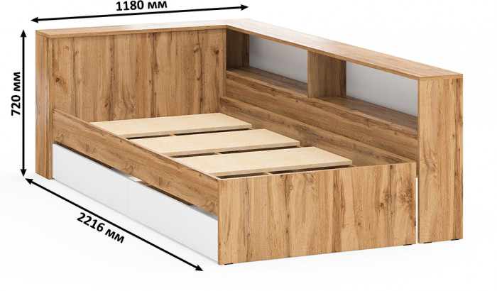 Ксения Кровать с ящиками 0900 + прикроватный блок, дуб вотан/белый