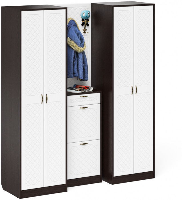 Прихожая П-6 Компоновка № 15, цвет венге/фасады МДФ белое дерево фрезеровка ромб, ШхГхВ 180х50х210 см., универсальная сборка