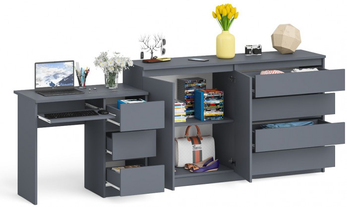 Мори Стол компьютерный МС-6 правый + Комод МК1600.1, цвет графит, ШхГхВ 250,4х50х94 см., выдвижные ящики справа, НЕ универсальная сборка