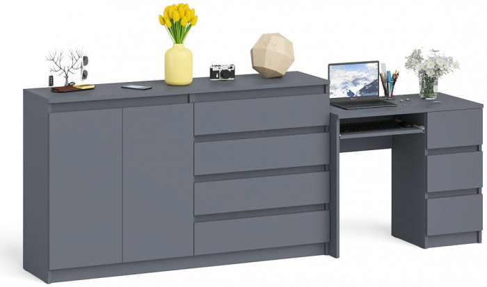 Мори Стол компьютерный МС-6 правый + Комод МК1600.1, цвет графит, ШхГхВ 250,4х50х94 см., выдвижные ящики справа, НЕ универсальная сборка