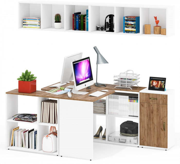 Лидер-8 Стол + Полка + Стол + Полка + Тумба МД 3.15, цвет белый шагрень/крафт золото, ШхГхВ 370х50/30х75 или 230х50/120х75 см., НЕ универс. сборка