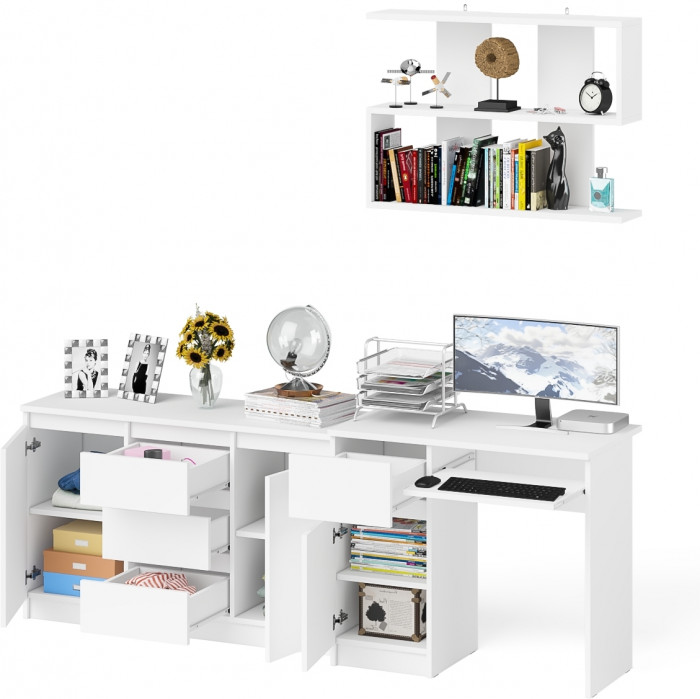 Мори Стол компьютерный МС-1 левый + Комод МК1200.3 + Полка 900, цвет белый, ШхГхВ 210,4х50х209,6 см., НЕ универсальная сборка