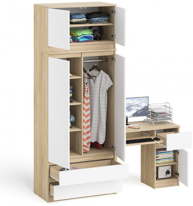Мори Стол компьютерный МС-1 правый + Шкаф МШ900.1 + Антресоль МА900.1, цвет дуб сонома/белый, ШхГхВ 180,4х50,4х234,2 см., выдв. ящ. справа, НЕ ун. сб.