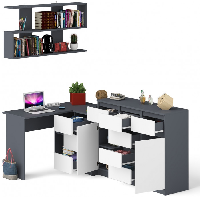Мори компьютерный стол МС-16 правый + Комод МК1200.4 + Полка 1200, графит/белый