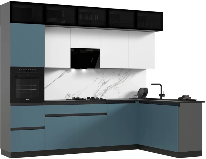Кухня Техно-6 3,0х1,8м Браш Блю/Браш Вайт, Графит