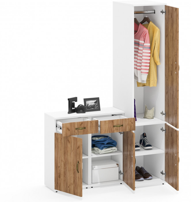 Лидер-8 Пенал МД 23Б + Тумба МД 3.15 + Тумба МД 3.15, цвет белый шагрень/крафт золото, ШхГхВ 120х50х190 см., универсальная сборка