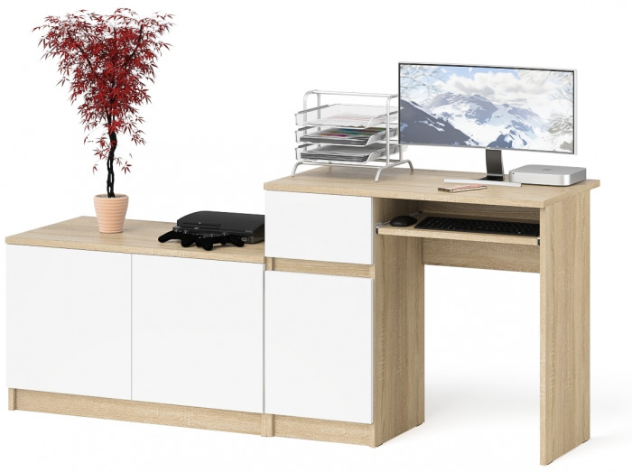 Мори Стол компьютерный МС-1 левый + Тумба МА900.1, цвет дуб сонома/белый, ШхГхВ 180,4х50,4х76,6 см., выдвижной ящик слева, НЕ универсальная сборка