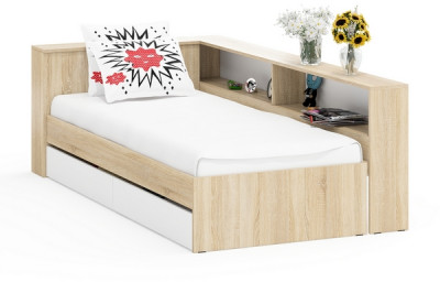 Ксения Кровать с ящиками 0900 + прикроватный блок, дуб сонома/белый