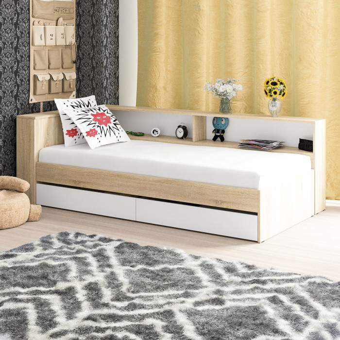 Ксения Кровать с ящиками 0900 + прикроватный блок, дуб сонома/белый