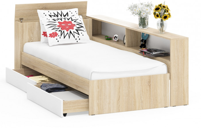 Ксения Кровать с ящиками 0900 + прикроватный блок, дуб сонома/белый