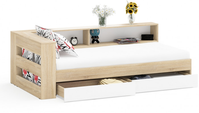 Ксения Кровать с ящиками 0900 + прикроватный блок, дуб сонома/белый