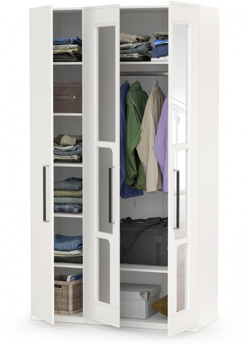 Валенсия Спальня Шкаф для одежды 3-х створчатый с зеркалами, цвет ЛДСП белый шагрень/МДФ белый шагрень, ШхГхВ 126х54,2х225,3 см., универсальная сборка