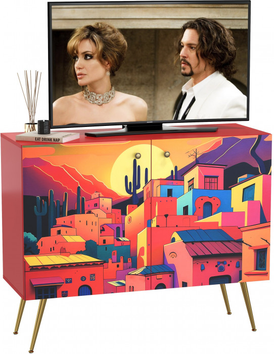 Кармин Комод-тумба 16.230.03, цвет красный/белый, ШхГхВ 115,3х42,6х93,2 см., фасады с рисунком Бразильские домики, две дверки