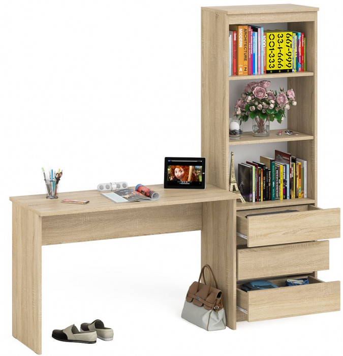 Мори Стол письменный МСП1200.1 + Стеллаж МСТ600.3, цвет дуб сонома, ШхГхВ 180,8х50х179,6 см., универсальная сборка