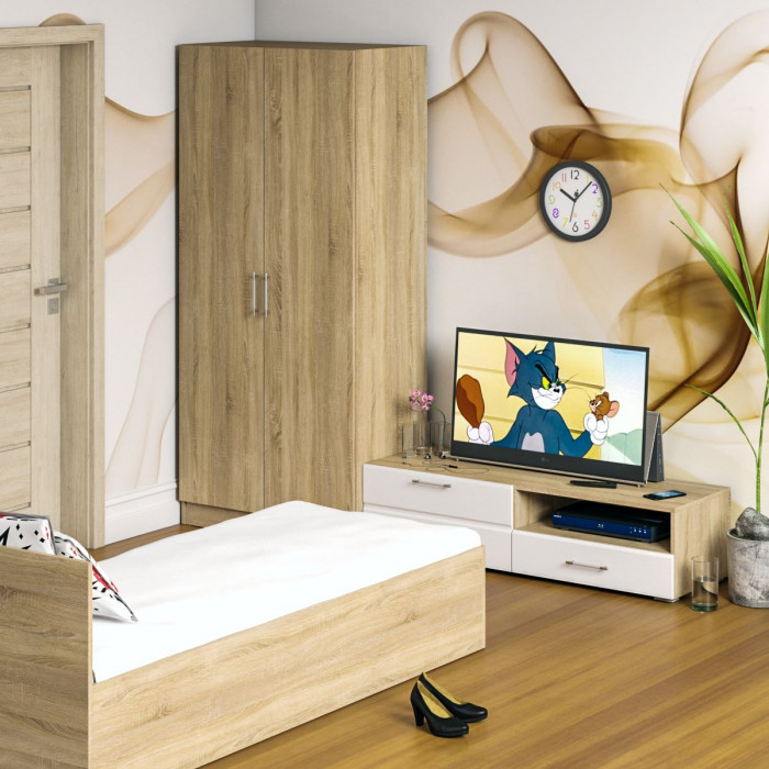 Спальня Стандарт 3-0800, дуб сонома/фасады ТВ тумбы МДФ белый глянец