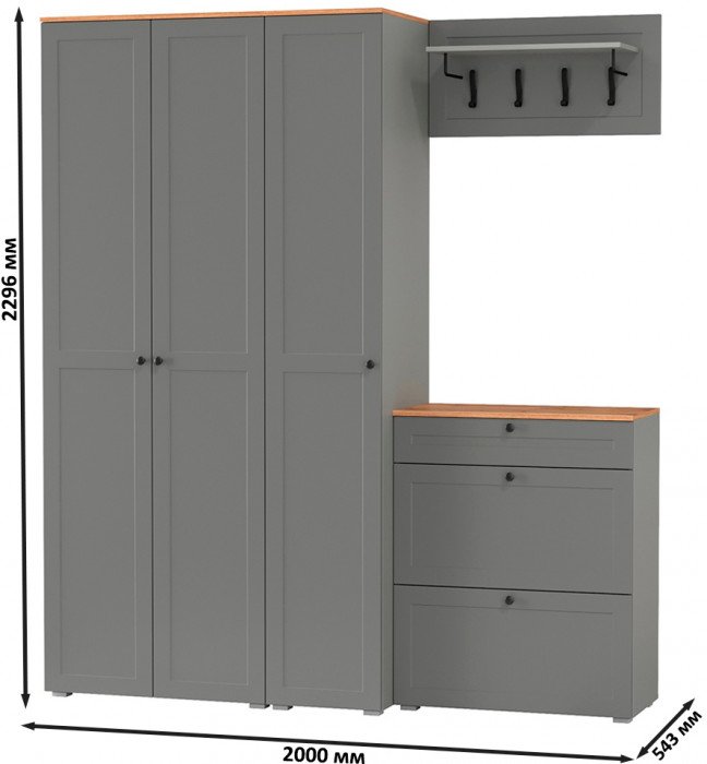 Остин Прихожая 41, цвет серый графит/дуб крафт золотой, ШхГхВ 200х54,3х229,6 см., универсальная сборка